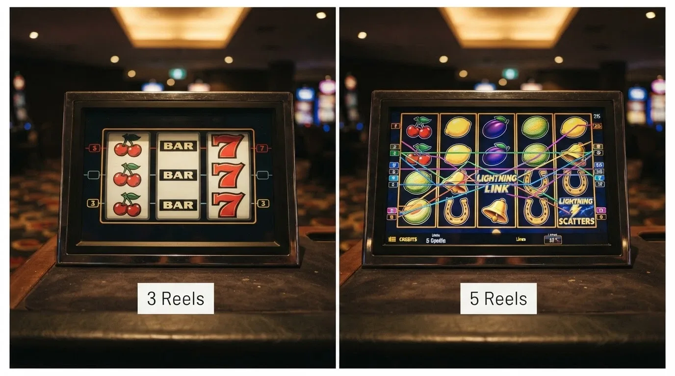 A split-frame comparison: a 3-reel pokie grid on the left, a 5-reel video slot grid on the right, with payline counts labelled beneath each