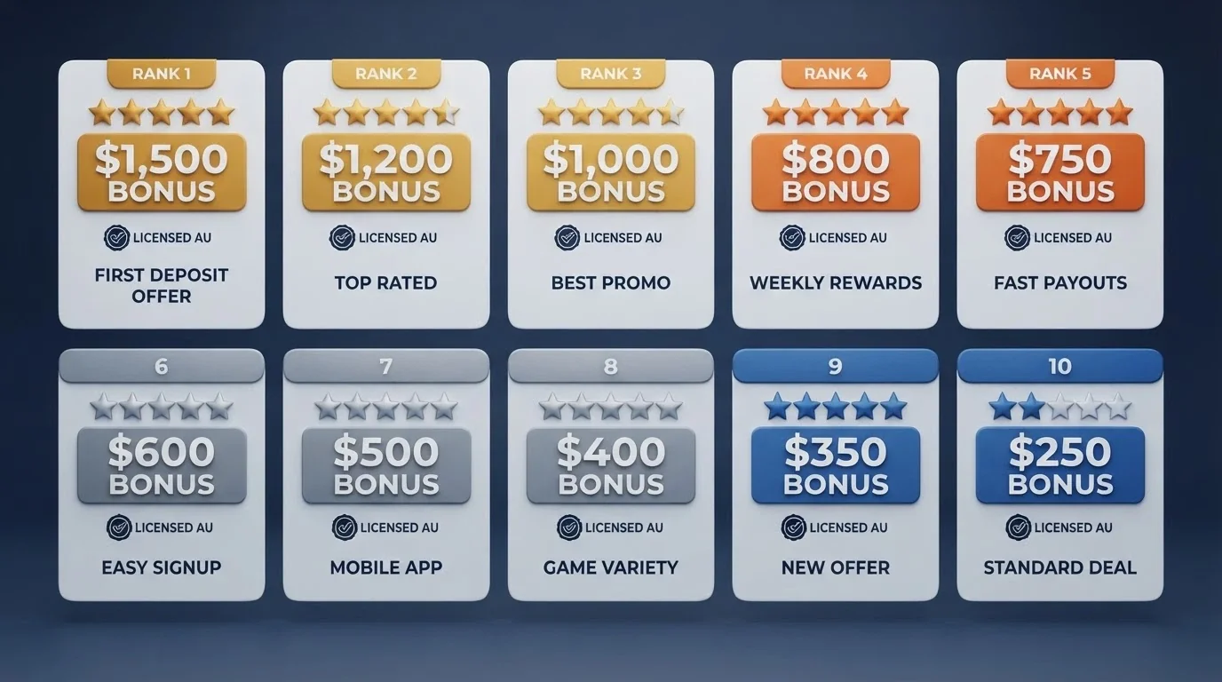 A side-by-side grid of ten casino brand cards with star ratings, bonus figures in Australian dollars, and licence badges visible