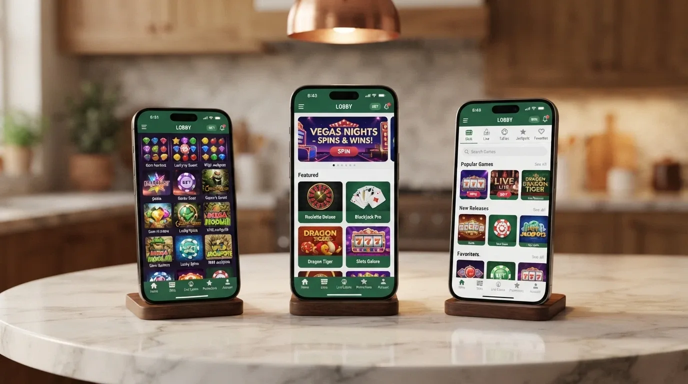 A side-by-side arrangement of iPhone screens showing different casino PWA lobbies — pokies thumbnails, navigation bars and account icons visible
