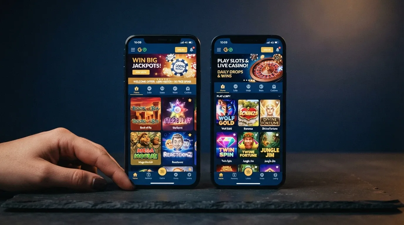 Two smartphones side by side displaying different mobile casino homepages with game lobbies and bonus banners visible
