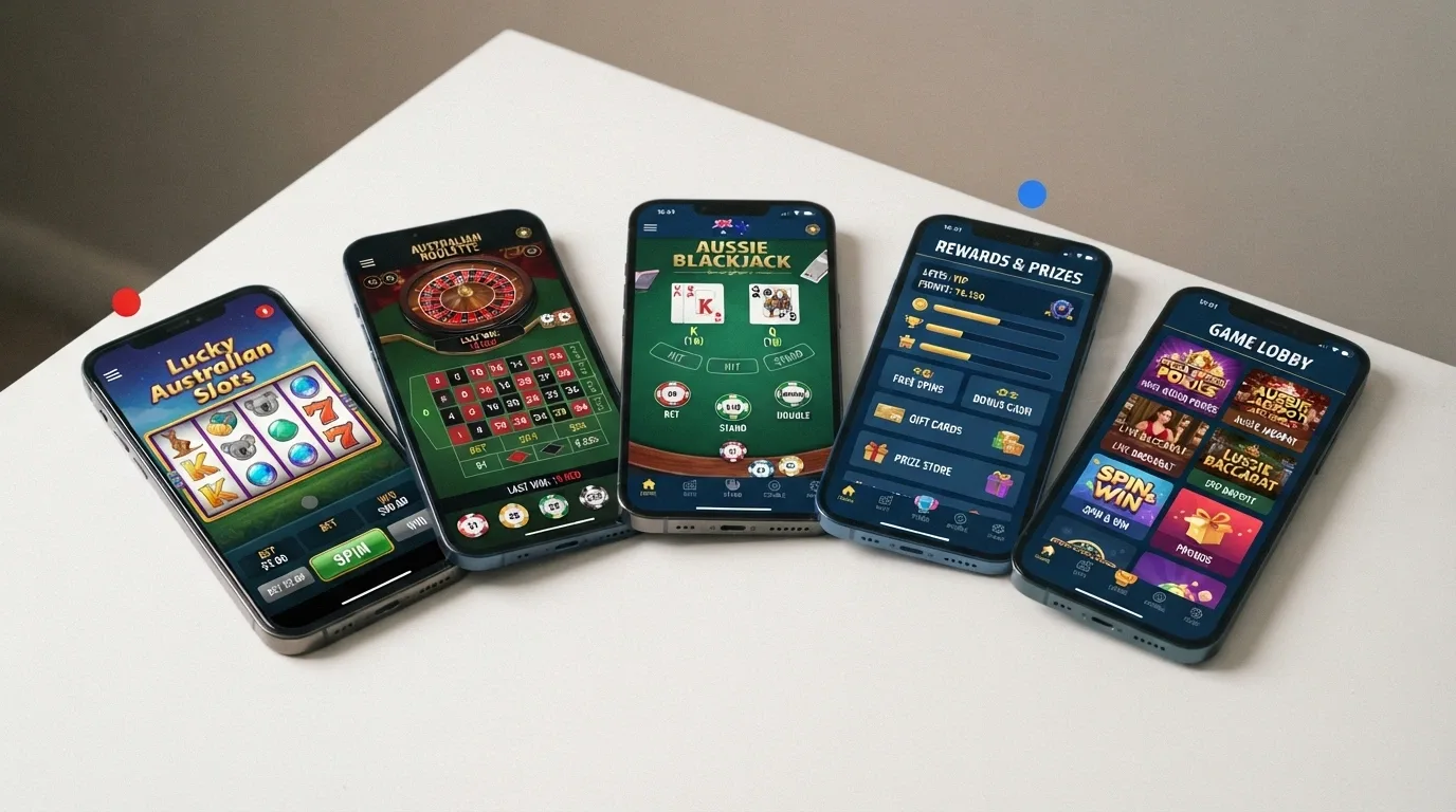 A visual comparison grid or ranked-list layout of smartphone screens showing different pokies-app interfaces, with annotation markers for key differentiators