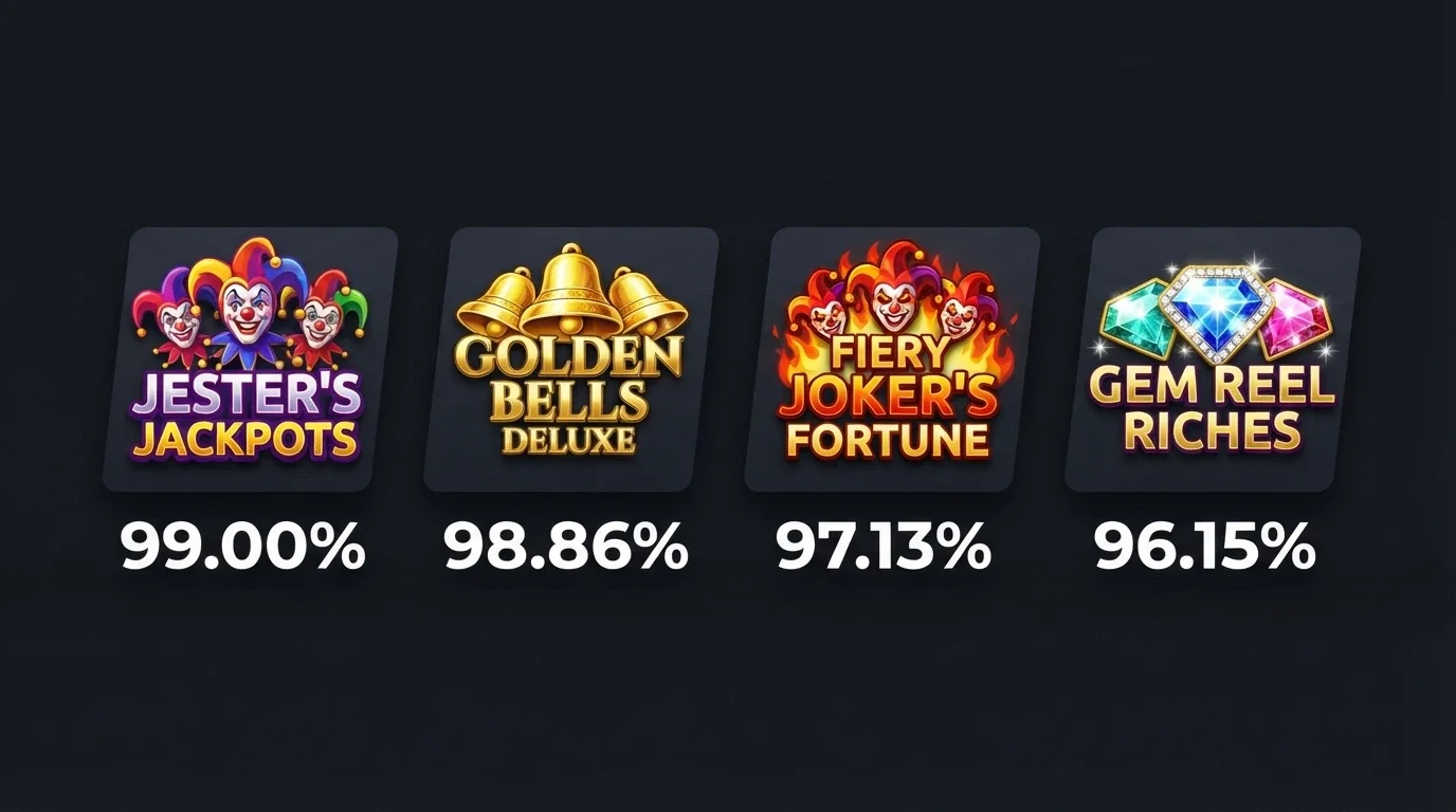 A ranked display of 3-reel pokie title cards — Mega Joker, Jackpot 6000, Fire Joker and Fortune Gems 3 — with their RTP figures overlaid