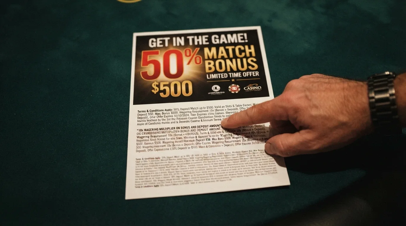 A welcome-bonus promotional banner beside a close-up of the wagering-requirements fine print