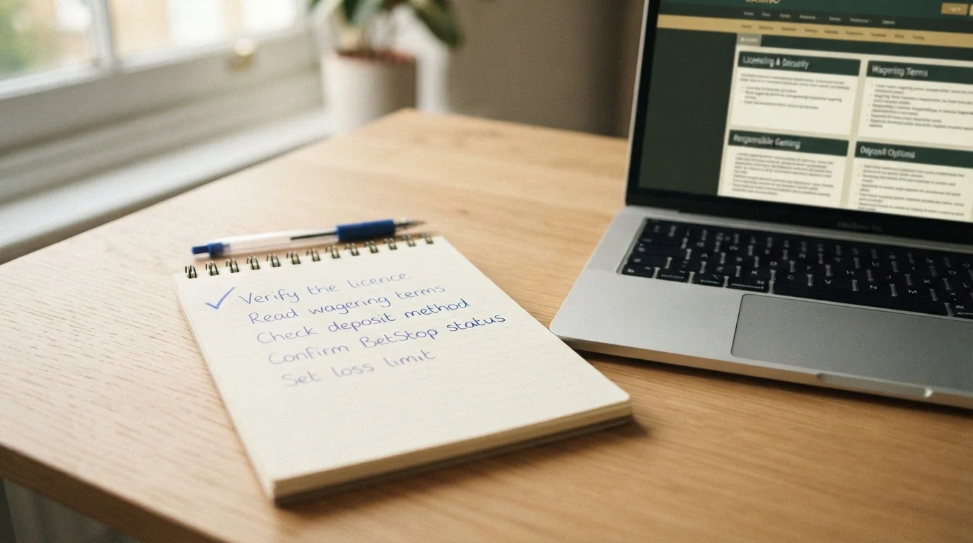 A neat checklist on a notepad beside a laptop showing a casino site, with the first item — “verify the licence” — already ticked