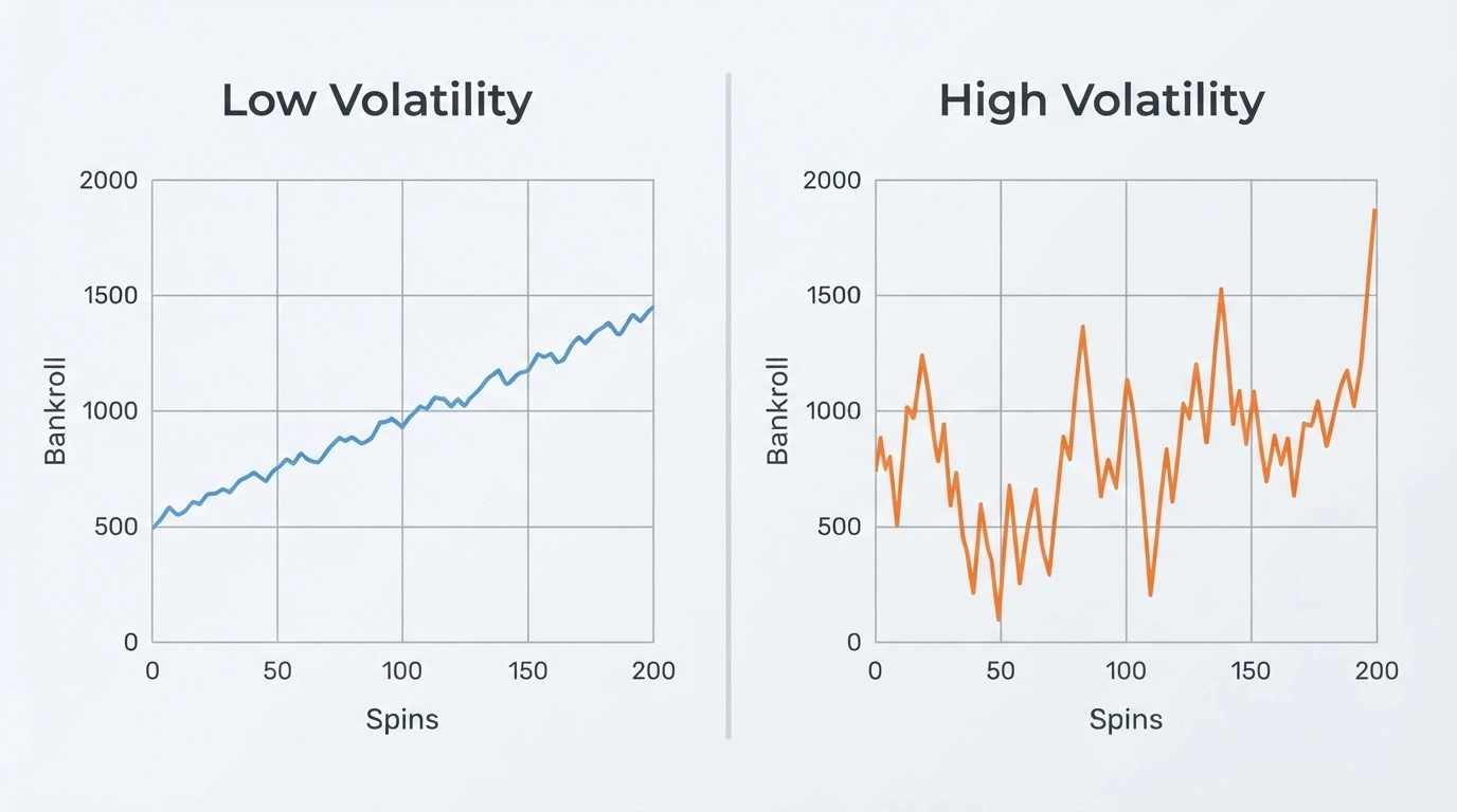 A line chart comparing two bankroll trajectories over 200 spins: one steady and gradual for a low-volatility pokie, one jagged with deep dips and a sharp spike for a high-volatility pokie