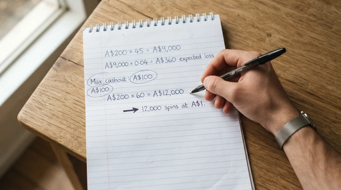 A calculator showing $9,000 — the turnover required on a $200 bonus at 45× wagering
