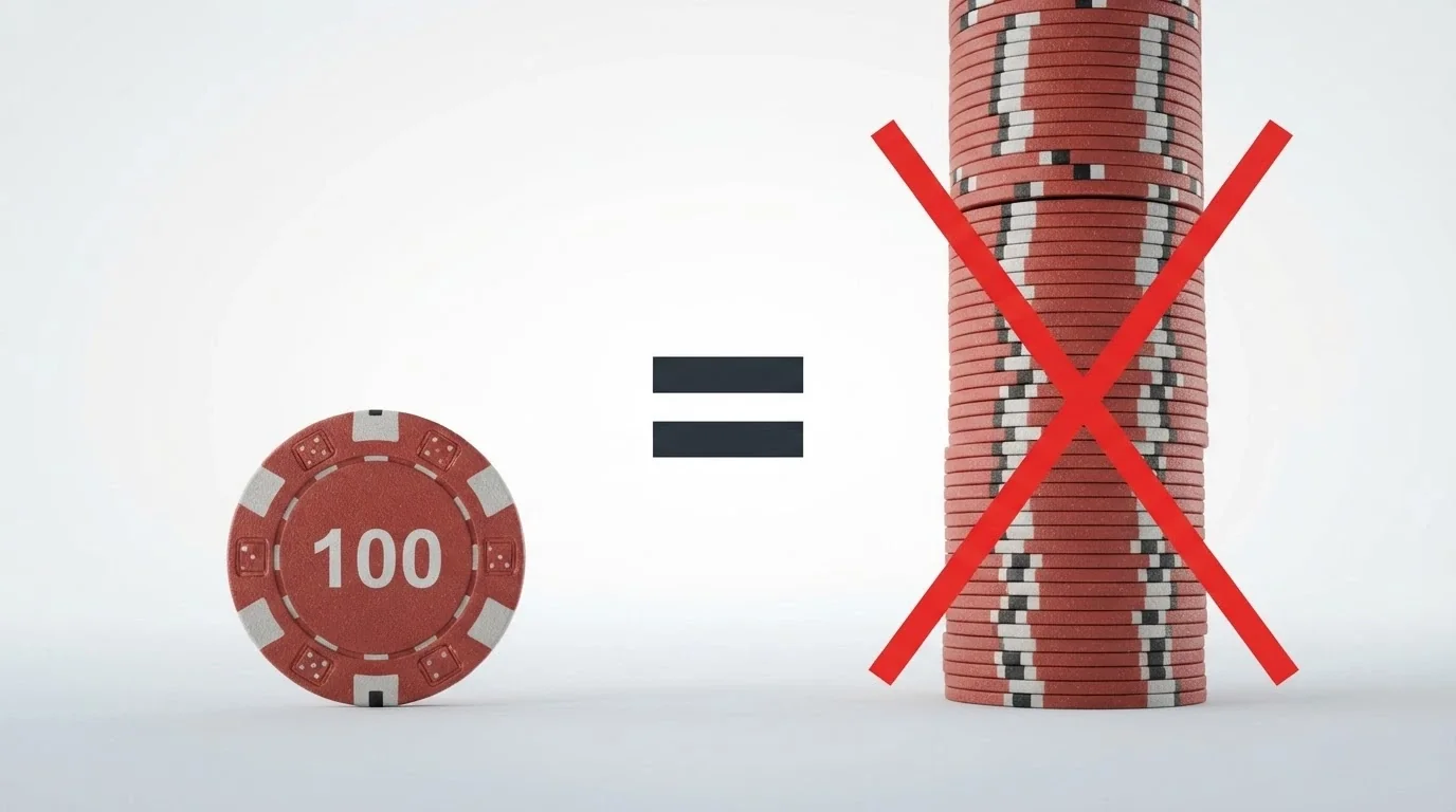 A simple visual equation: a $100 bonus note on the left, an equals sign, then a stack of 3,000 $1 coins with a red cross through the first 2,900