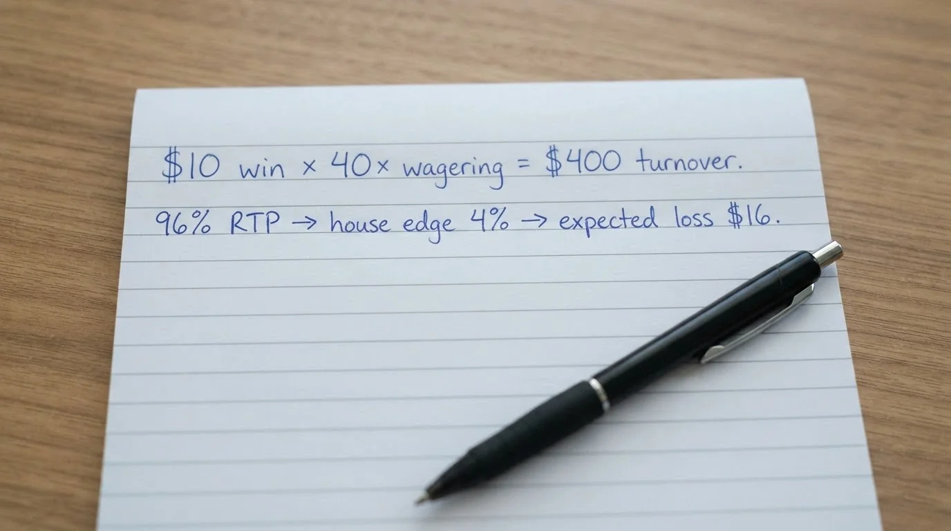 A notepad showing the arithmetic — $10 win × 40× wagering = $400 turnover, beside a pokie RTP of 96% and an expected loss of $16