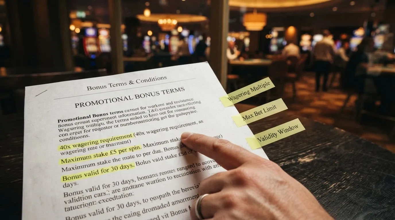 A close-up of a bonus terms and conditions panel with the wagering clause, max-bet limit and validity window highlighted in yellow, set against a blurred casino lobby background