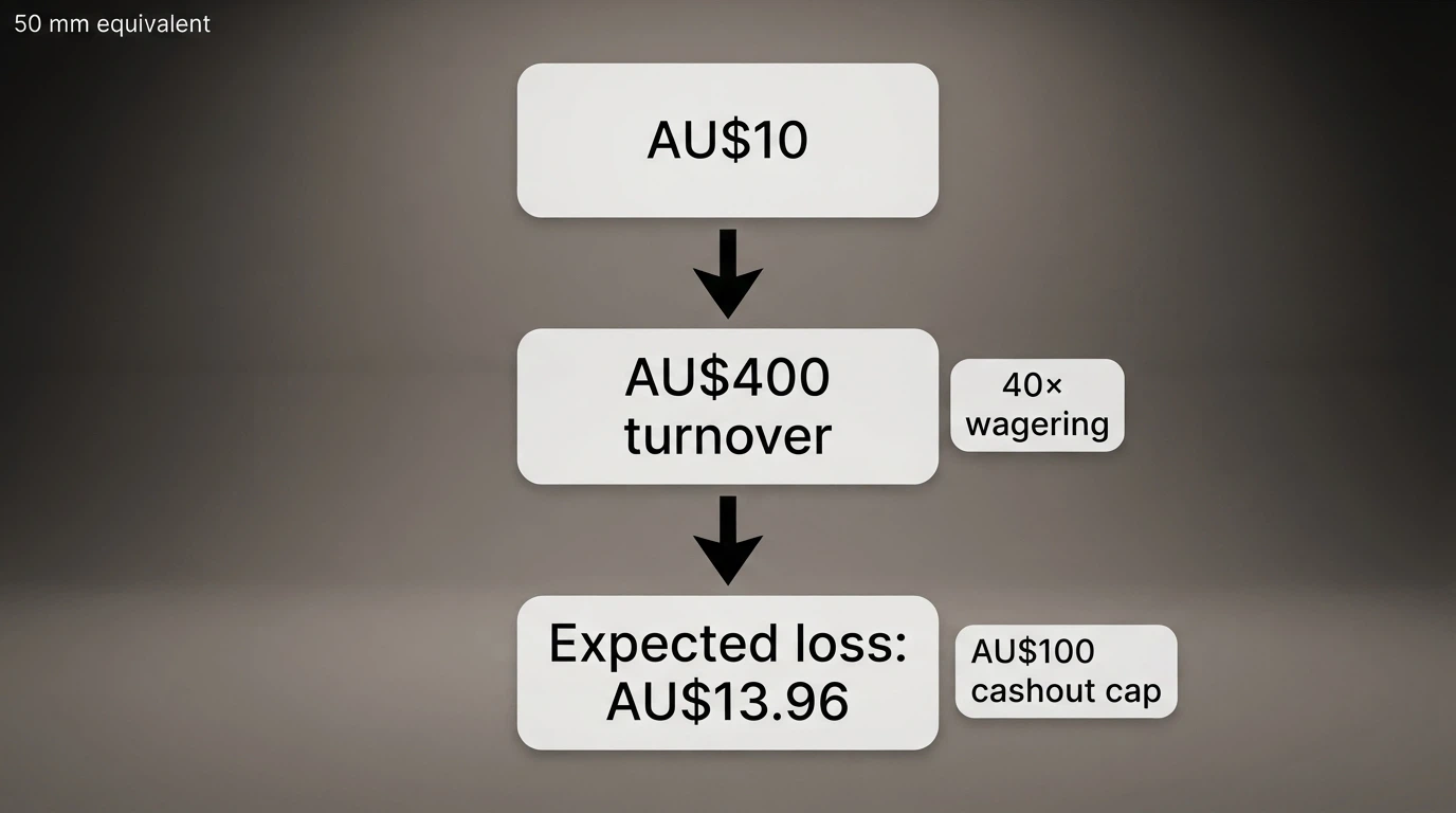 A simple calculator layout showing a AU$10 bonus turning into AU$400 turnover at 40× wagering, with the AU$13.96 expected loss figure below