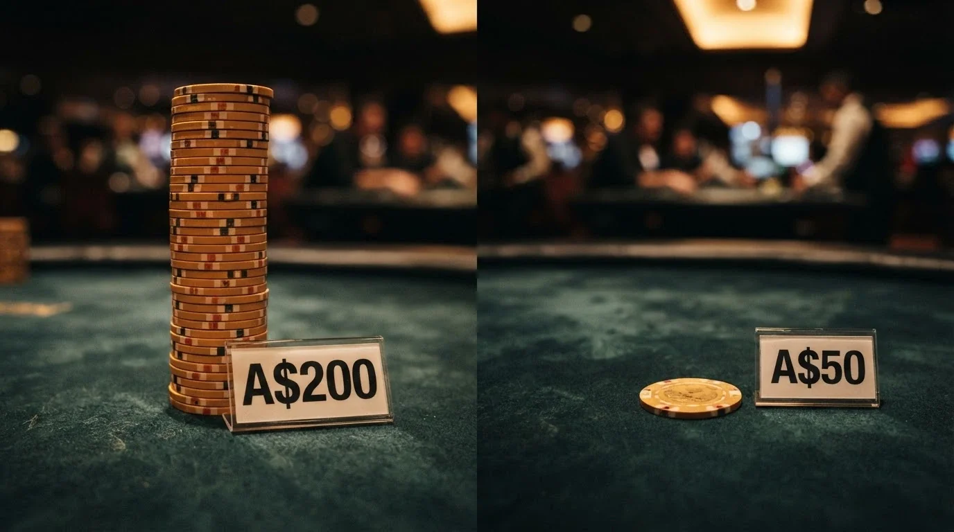 A split visual: one side showing a stack of poker chips labelled “A$200 win,” the other side showing the same stack reduced to a single chip labelled “A$50 cap”