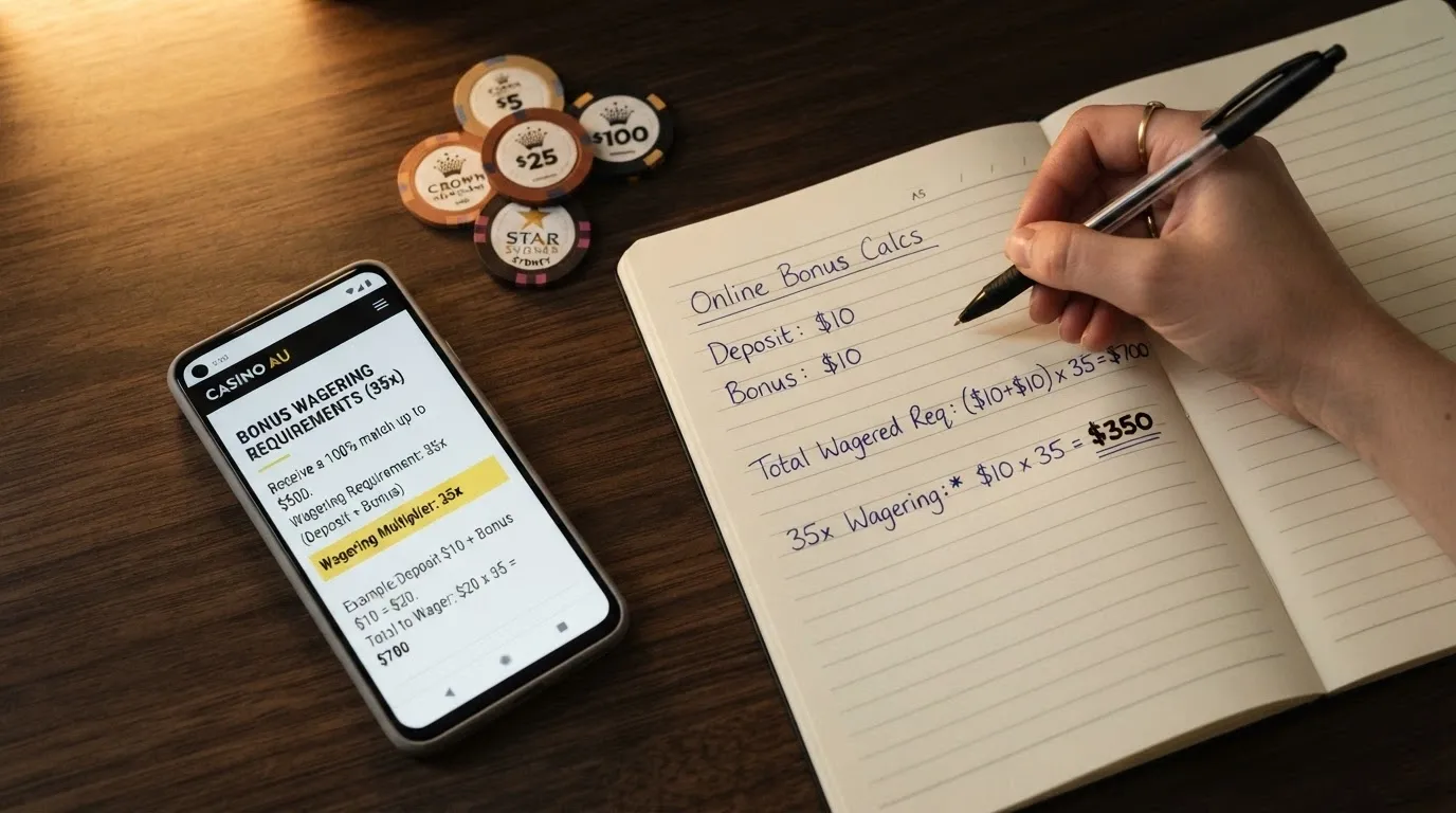 A close-up of a casino bonus terms pop-up with the wagering requirement figure highlighted, beside a simple calculator or notepad showing the turnover calculation in dollars