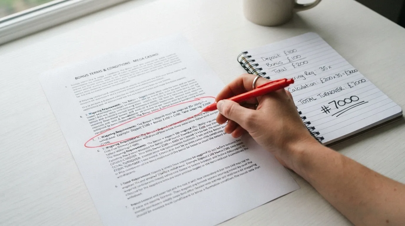 A close-up of a bonus terms and conditions section with the wagering-requirement clause highlighted, a calculator beside it showing the turnover figure