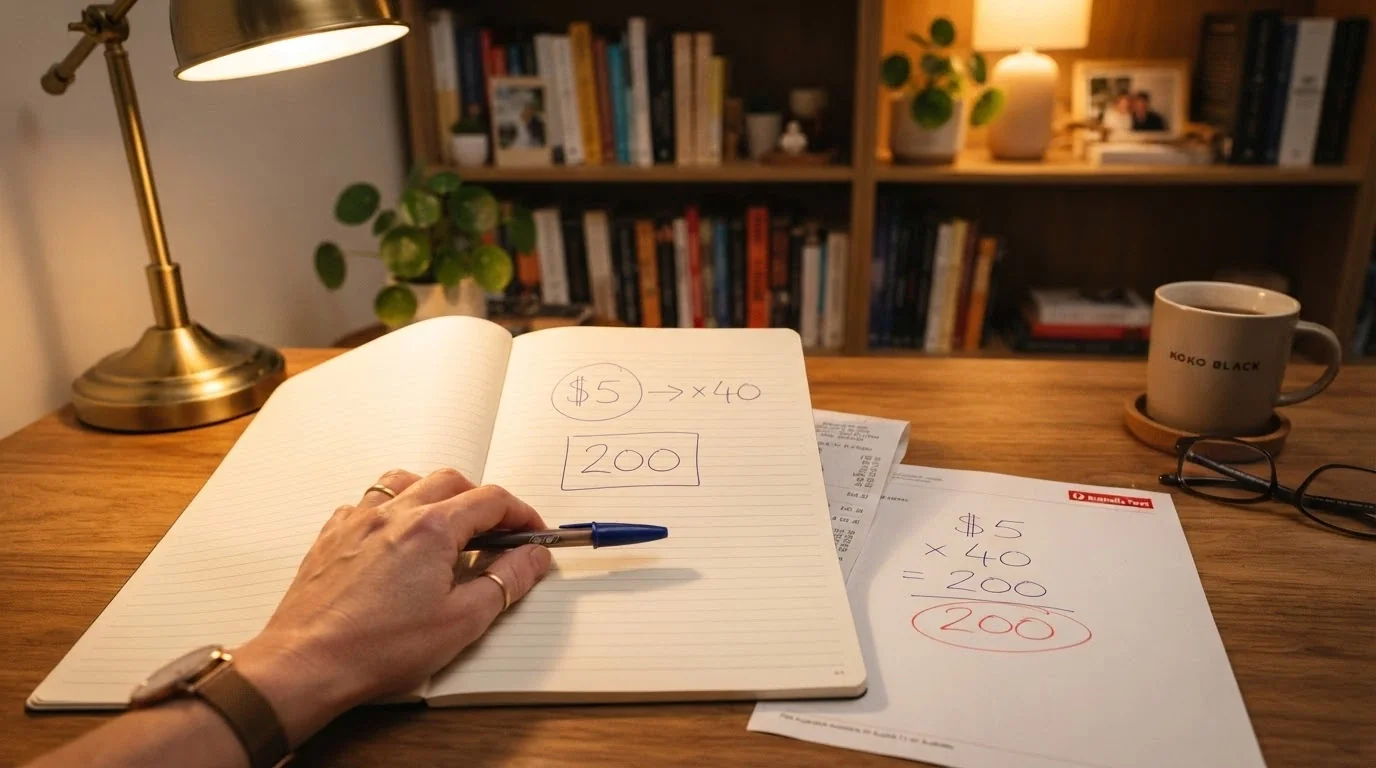 A notepad showing wagering maths — a circled $5 deposit beside a 40× multiplier and a calculator displaying the turnover figure