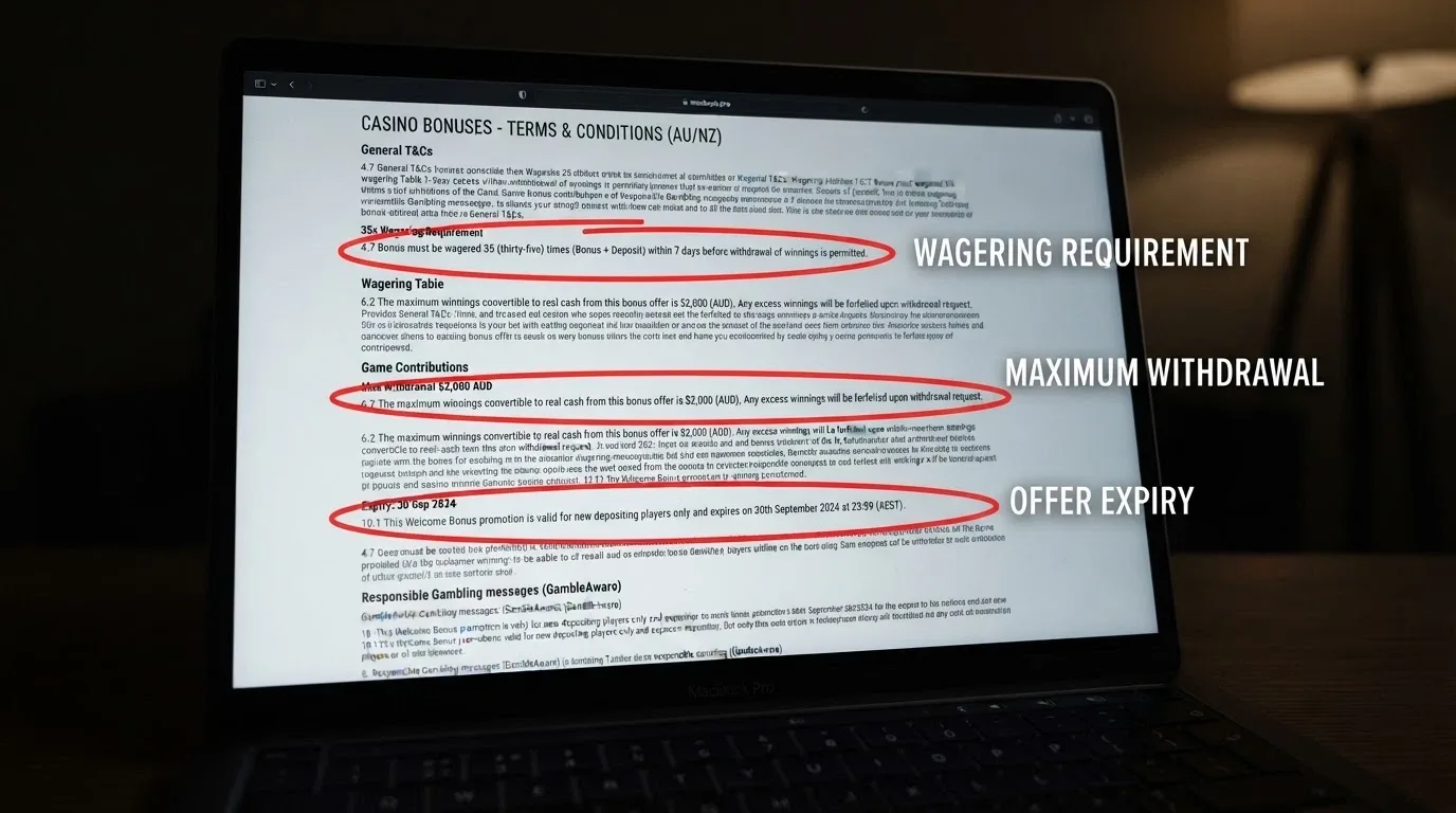 A close-up of a casino bonus terms section on a screen, with wagering requirement, max cashout and expiry date circled or underlined