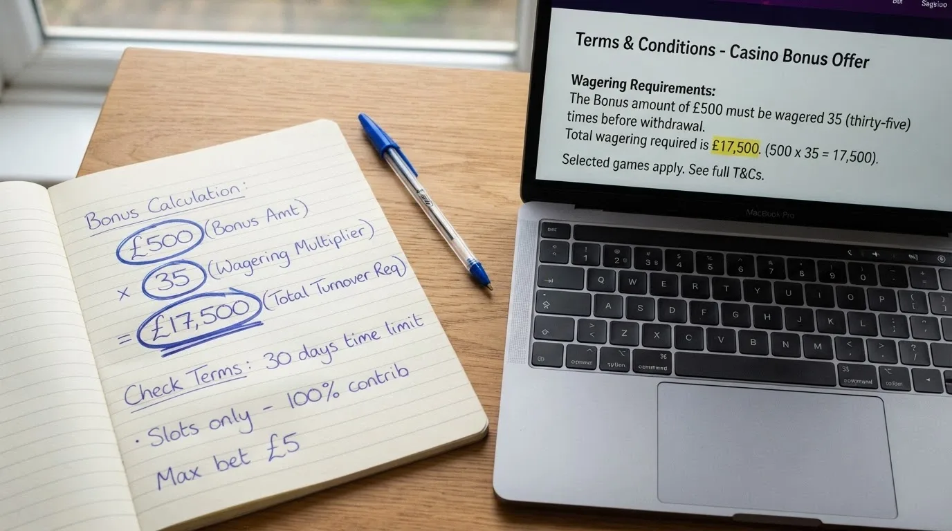 A close-up of a bonus terms page with the wagering requirement figure circled and a hand-written calculation showing bonus × multiple = total turnover