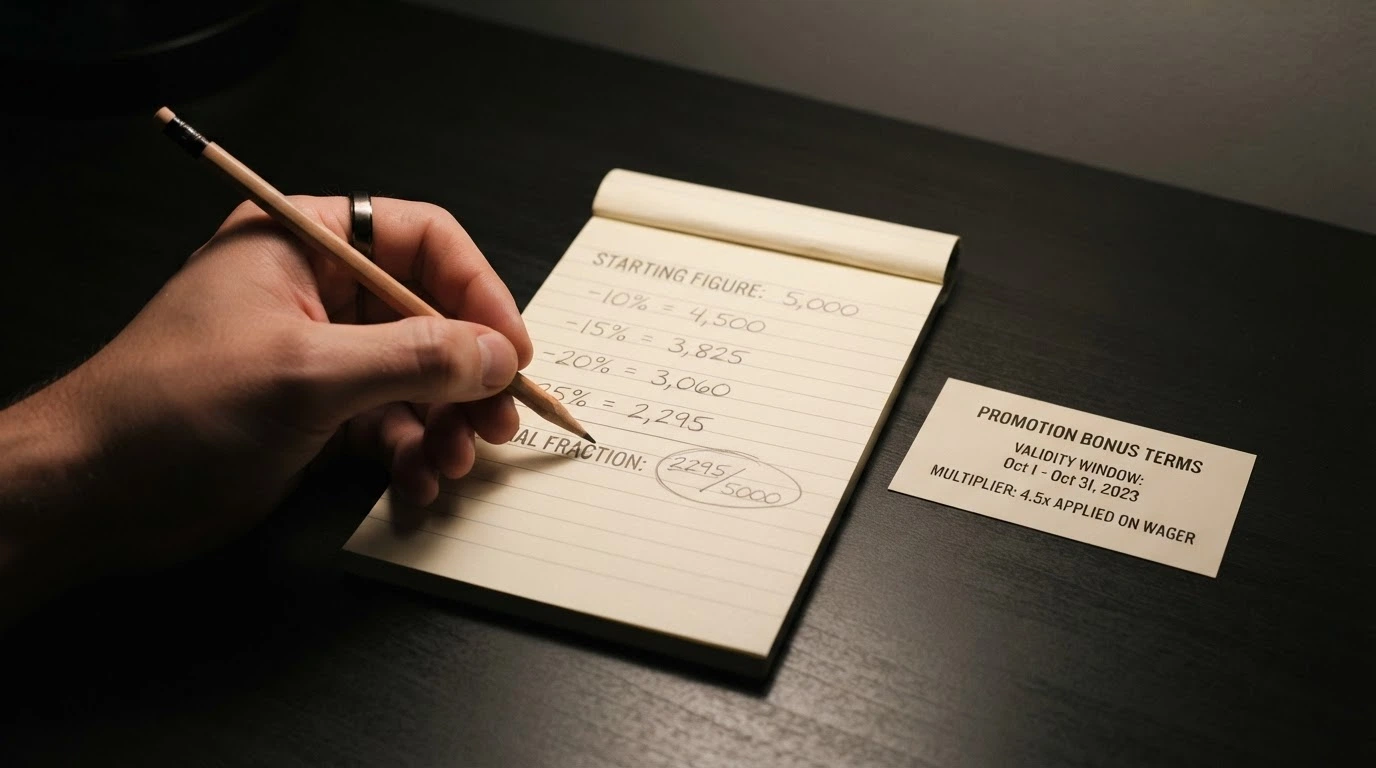 A calculator next to a bonus terms card, with the display showing a large initial bonus figure being reduced step-by-step through a wagering equation
