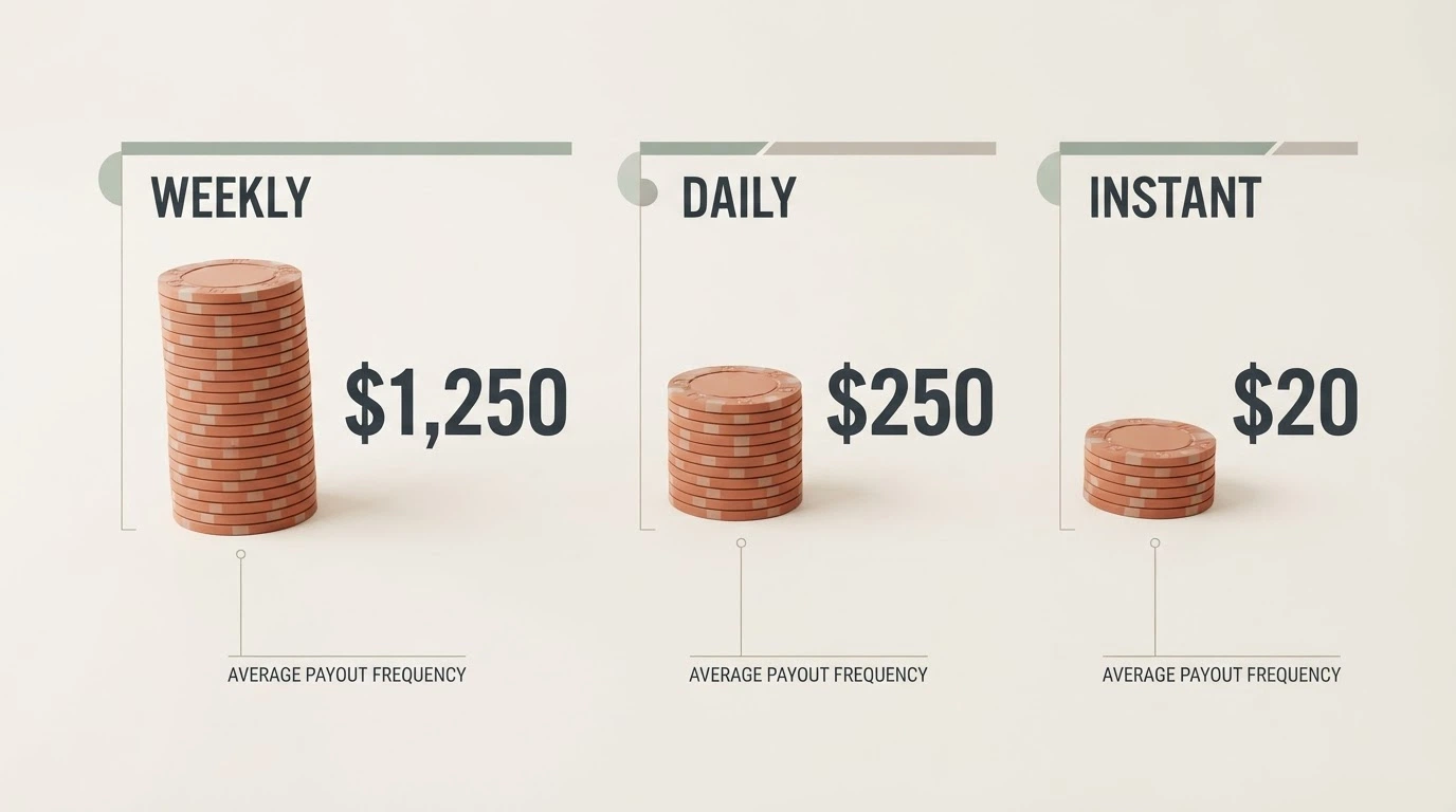 A timeline graphic showing three cashback crediting rhythms — weekly, daily and instant — with Australian dollar amounts arriving at each interval and the operators mapped to each rhythm