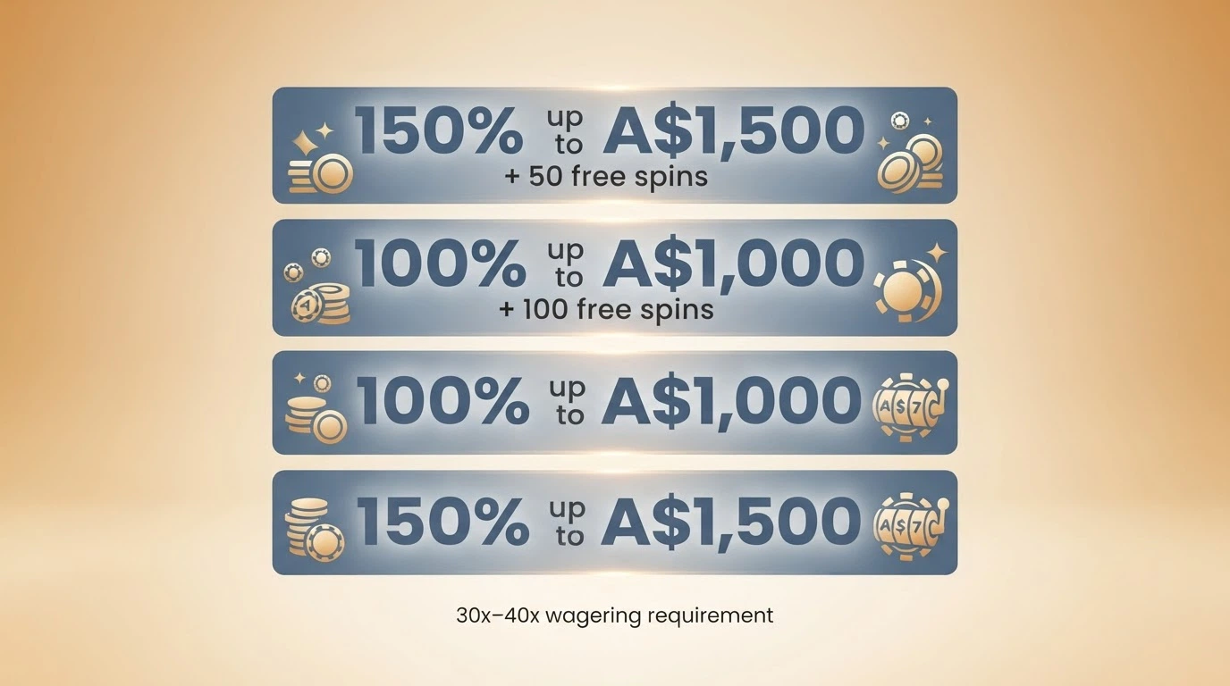 A visual breakdown of the four-deposit welcome package showing match percentages and free-spin counts per tier